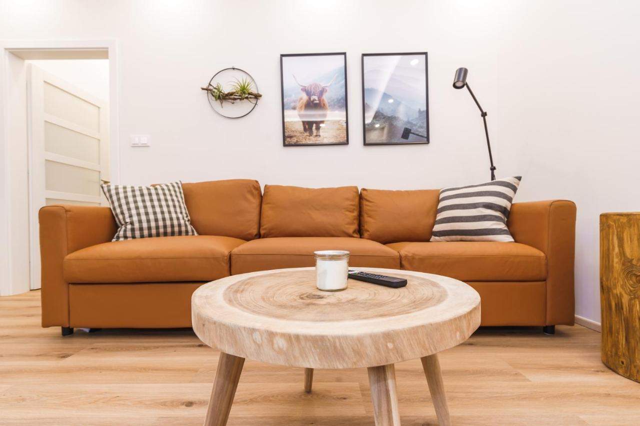 Moderně zařízený apartmán, pohled na rozkládací gauč a stylový konferenční stolek.