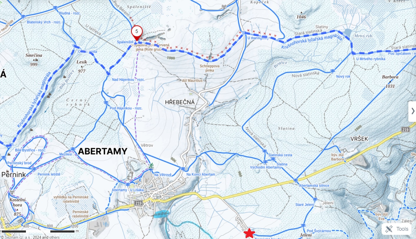 Mapa Krušnohorská lyžařské magistrály, trasa se táhne kousek od apartmánu SKI Plešivec
