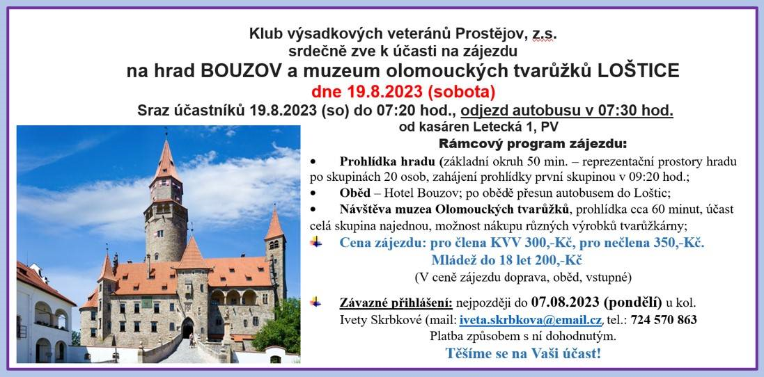 Pozvánka na zájezd na hrad Bouzov a do muzea olomouckých tvarůžků v Lošticích