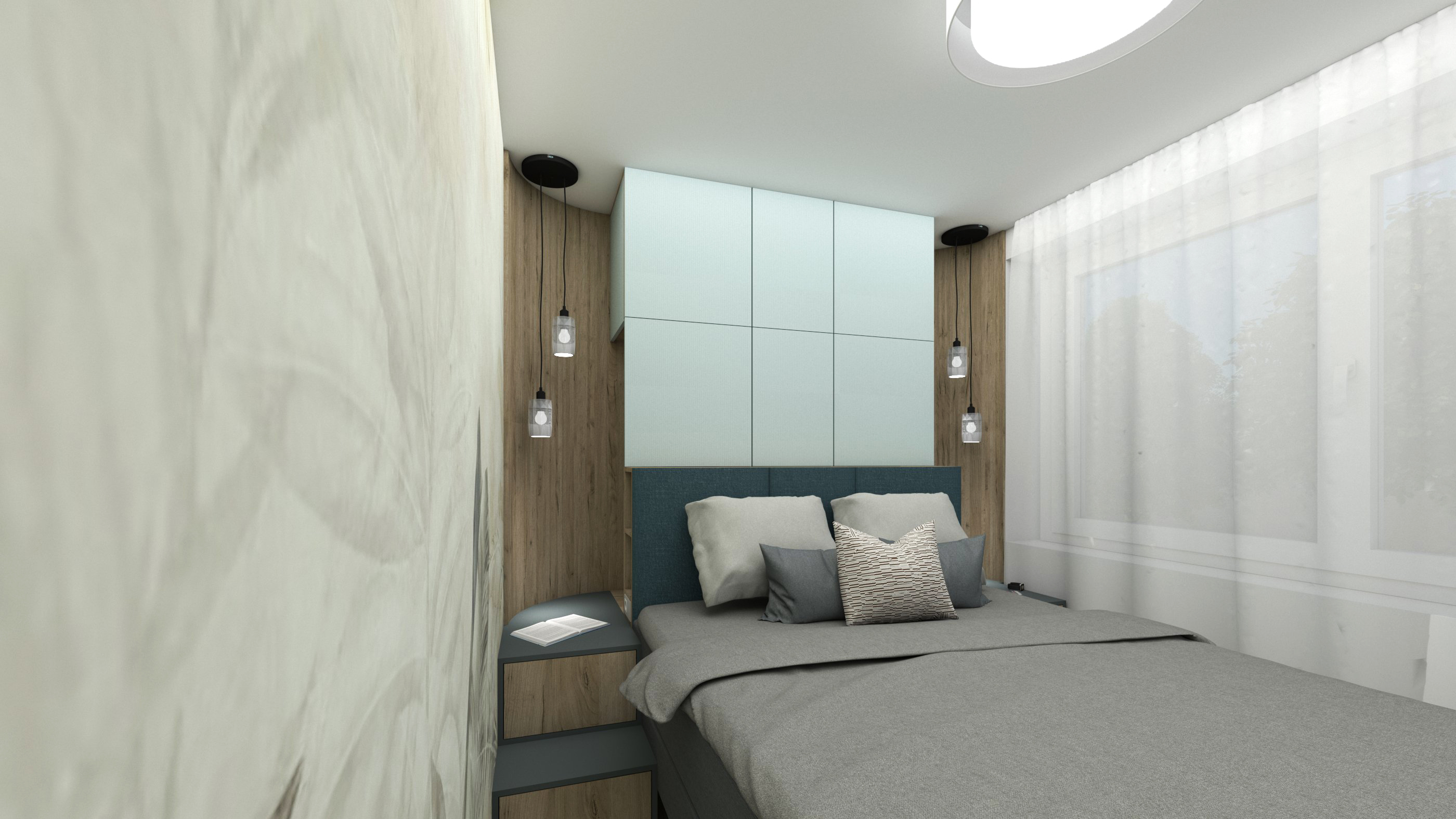 malá ložnice, úložný prostor za posteli