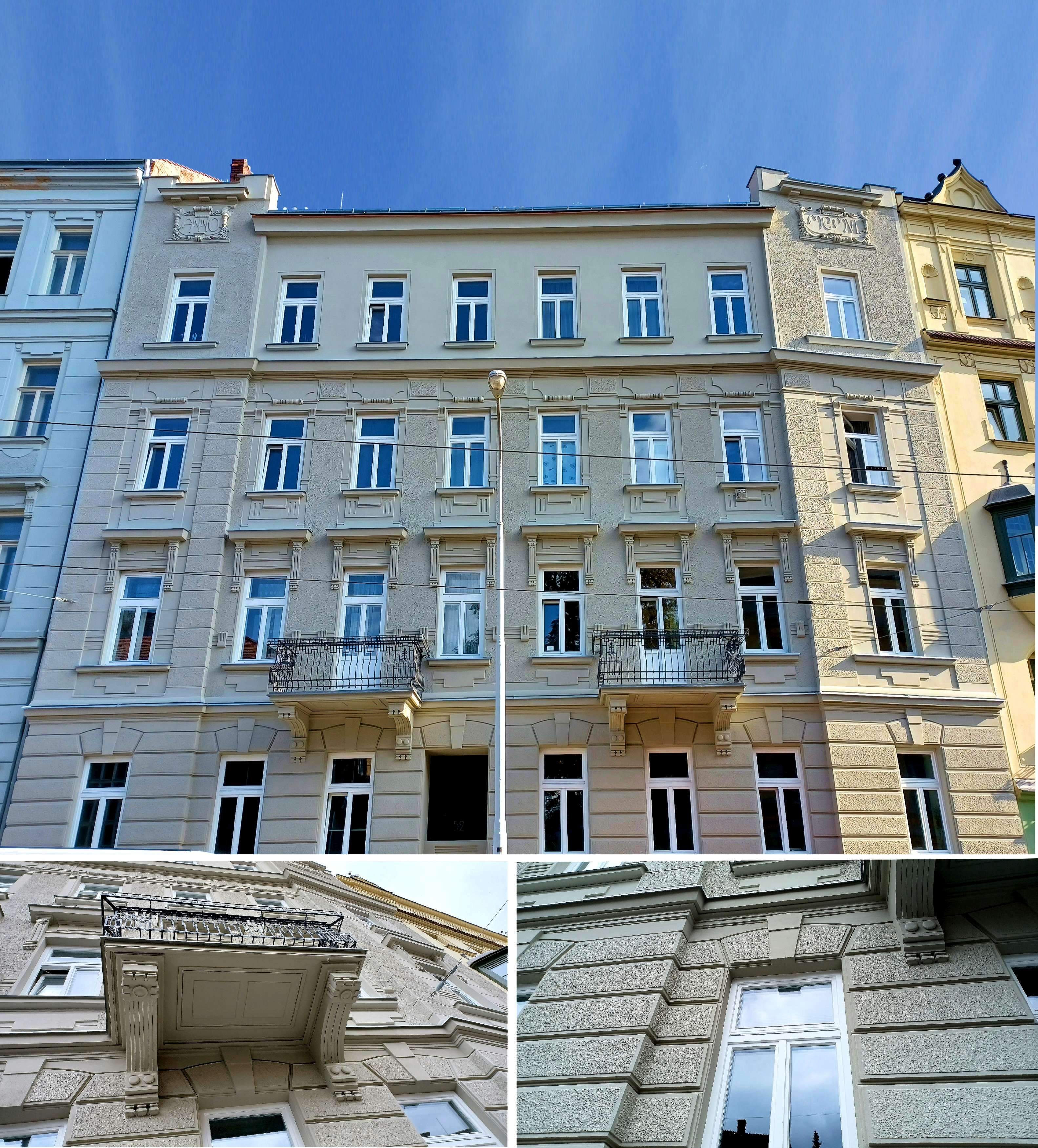 Oprava historické fasády BD Údolní 52, Brno