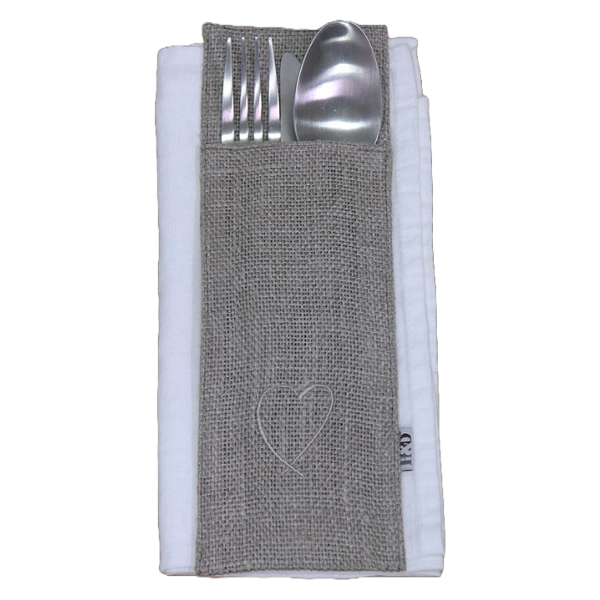 Cutlery Pocket with Heart Embroidery, Linen,  24 x 9 cm, Gunmetal Gray Color