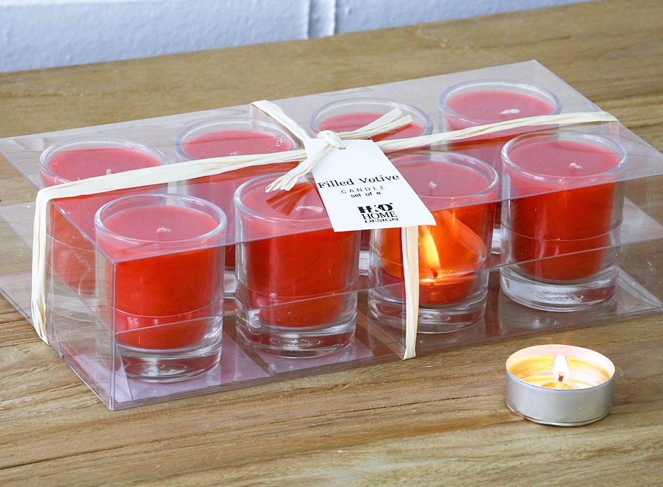 Votive Candle Set, 8 red candles in glass shots