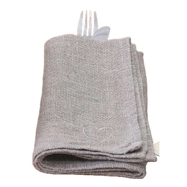 Linen Cloth Table Napkin with Heart Embroidery, 46 x 46 cm, Warm Gray Color
