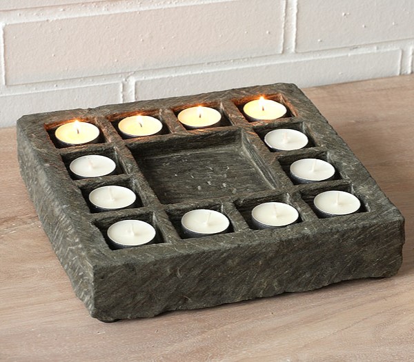 Andesite Rock 12 Hole Tea Light Candle Holder, Square, Handcrafted