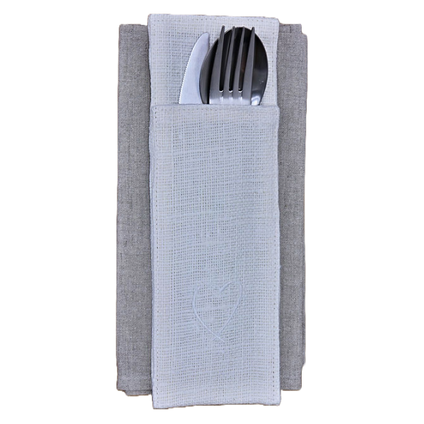 Cutlery Pocket with Heart Embroidery, Linen,  24 x 9 cm, White Color