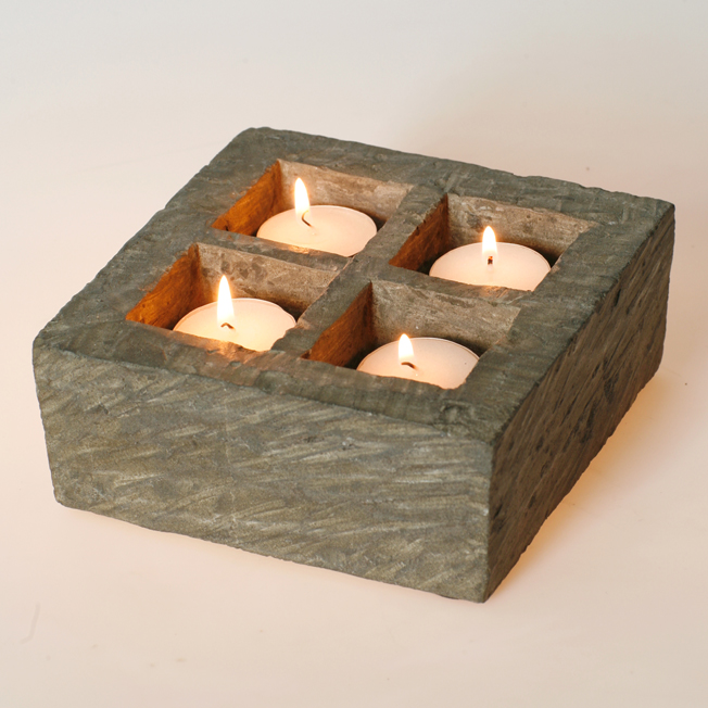 Andesite Rock 4 Hole Tea Light Candle Holder, Square, Handcrafted