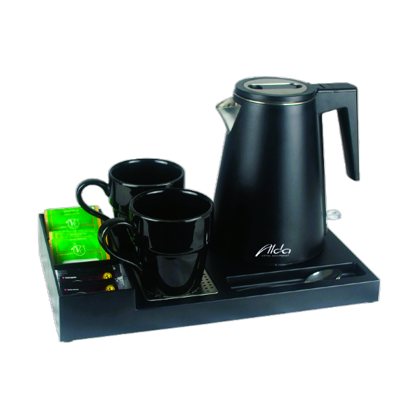 hotel kettle with tray,tray with kettle,hotel room service tray,hotel room kettle tray,guestroom service platter,mini hotel tray,hotel tray with kettle,black serving tray,hotel tea and coffee tray,hospitality tray with kettle
