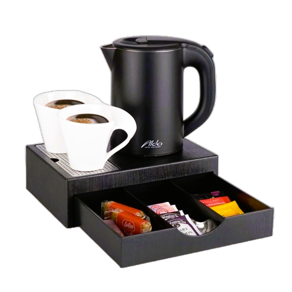 hotel kettle with tray,tray with kettle,hotel room service tray,hotel room kettle tray,guestroom service platter,mini hotel tray,tray with kettle drawer,black serving tray,hotel tea and coffee tray,hospitality tray with kettle