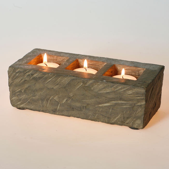 Andesite Rock 3 Hole Tea Light Candle Holder, Rectangle, Handcrafted