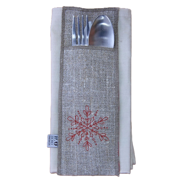 Cutlery Pocket with Snowflake Embroidery, Linen,  24 x 9 cm, Silver Gray Color
