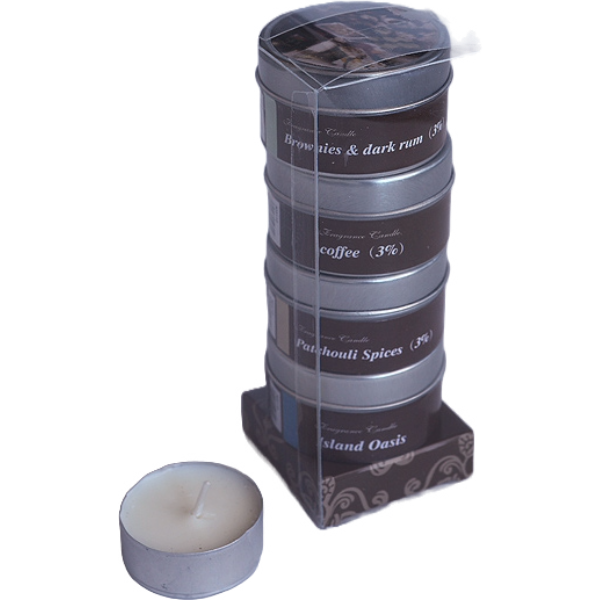 Candle Set, 4 aromatic candles in tin box, package