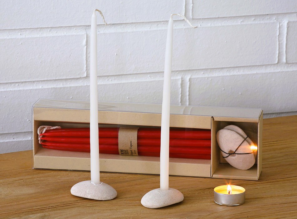 Candle Set, 12 red candles with stone candleholders