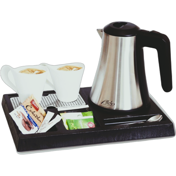 hotel kettle with tray,tray with kettle,hotel room service tray,hotel room kettle tray,guestroom service platter,mini hotel tray,hotel tray with kettle,inox serving tray,hotel tea and coffee tray,hospitality tray with kettle,elegant kettle with tray